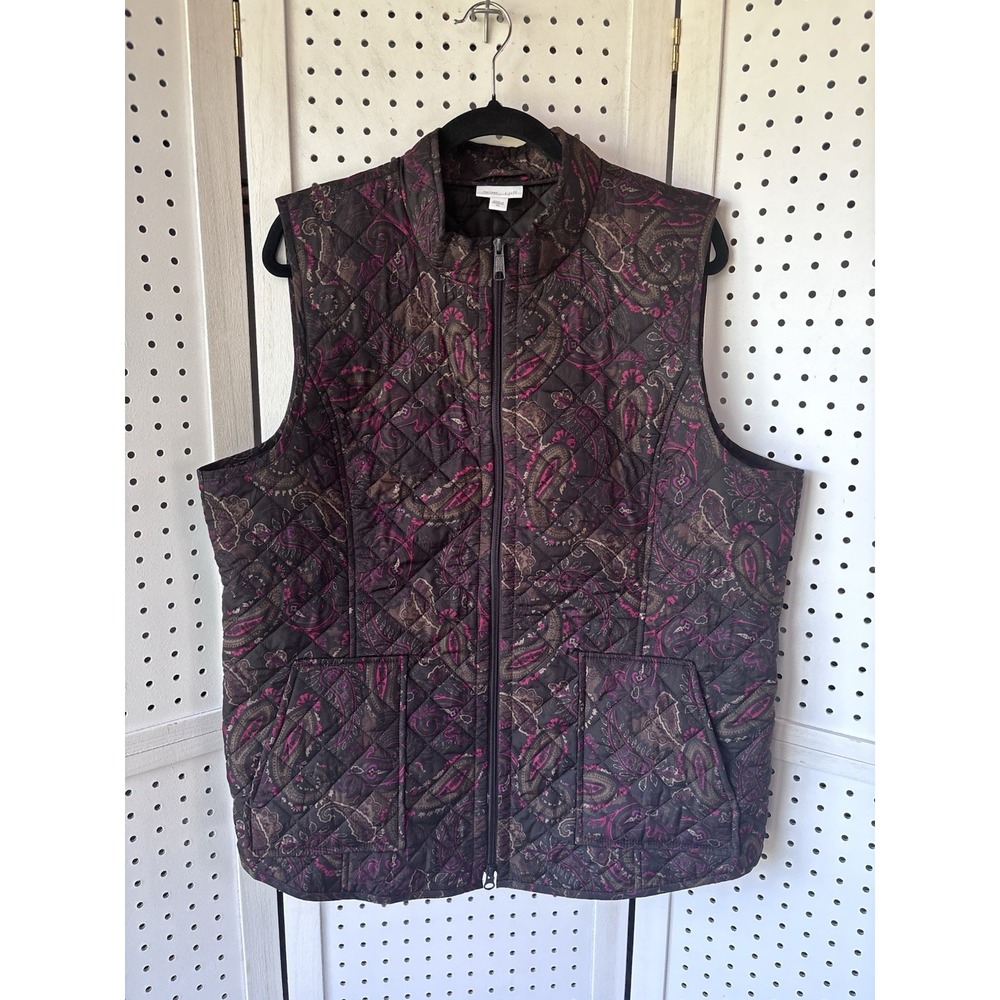 J. Jill Women's XL Heritage Quilted Zip Up Vest Brown Red‎ Paisley Pockets